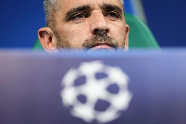 Sporting’s coach Rui Borges gives a press conference at Alvalade stadium in Lisbon, on November 25, 2025 on the eve of their UEFA Champions League football match against Club Brugge. (Photo by PATRICIA DE MELO MOREIRA / AFP)