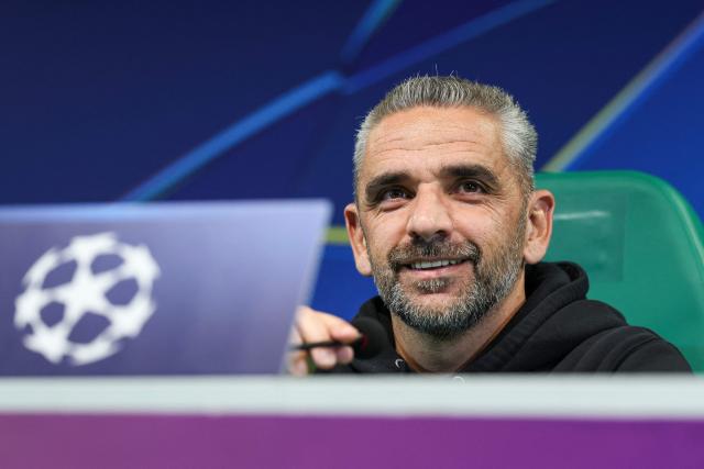 Sporting’s coach Rui Borges gives a press conference at Alvalade stadium in Lisbon, on November 25, 2025 on the eve of their UEFA Champions League football match against Club Brugge. (Photo by PATRICIA DE MELO MOREIRA / AFP)
