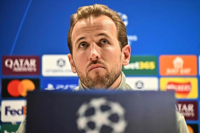 Bayern Munich's English striker #09 Harry Kane attends a press conference at Emirates Stadium in London on November 25, 2025, on the eve of their UEFA Champions League league phase football match against Arsenal.  (Photo by Ben STANSALL / AFP)