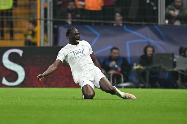 Royale Union Saint-Gilloise's Canadian forward #12 Promise David celebrates after scoring his team's first goal during the UEFA Champions league, league phase - day 5, football match between Galatasaray SK and Union Saint-Gilloise (BEL) at the Rams Park stadium in Istanbul, on November 25, 2025. (Photo by Ozan KOSE / AFP)