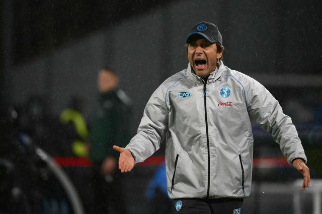 Napoli's Italian coach Antonio Conte reacts during the UEFA Champions League - league phase day 5 football match between Napoli and Qarabag at the Diego Armando Maradona stadium in Naples on November 25, 2025. (Photo by Alberto PIZZOLI / AFP)