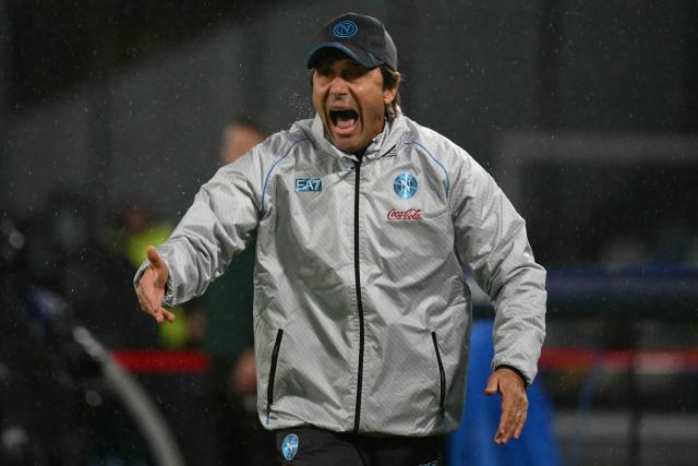 Napoli's Italian coach Antonio Conte reacts during the UEFA Champions League - league phase day 5 football match between Napoli and Qarabag at the Diego Armando Maradona stadium in Naples on November 25, 2025. (Photo by Alberto PIZZOLI / AFP)