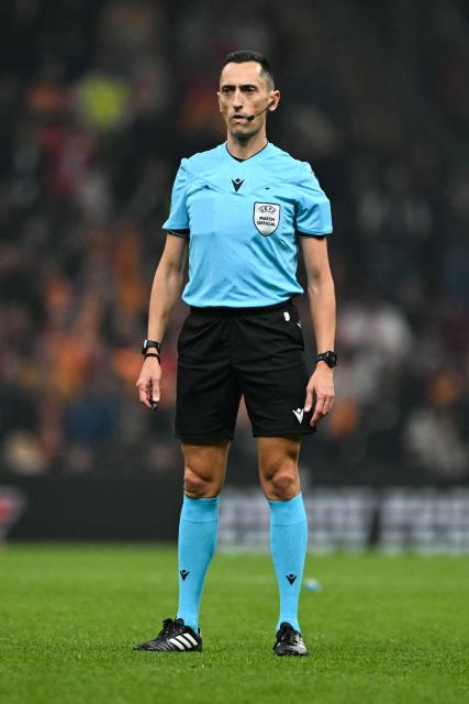 Spanish referee Jose Maria Sanchez looks on during the UEFA Champions league, league phase - day 5, football match between Galatasaray SK and Union Saint-Gilloise (BEL) at the Rams Park stadium in Istanbul, on November 25, 2025. (Photo by Ozan KOSE / AFP)