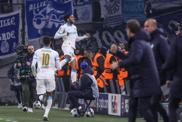 Marseille's Gabonese forward #97 Pierre-Emerick Aubameyang  celebrates after scoring his team's first goal during the UEFA Champions League, league phase - matchday 5, football match between Olympique de Marseille (OM) and Newcastle United FC at the Velodrome Stadium in Marseille, southeastern France, on November 25, 2025. (Photo by Alex MARTIN / AFP)