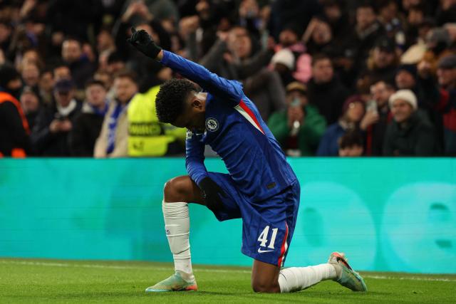 Chelsea's Brazilian midfielder #41 Estevao celebrates after scoring their second goal during the UEFA Champions League league-phase football match between Chelsea and Barcelona at Stamford Bridge in London on November 25, 2025. (Photo by Adrian Dennis / AFP)