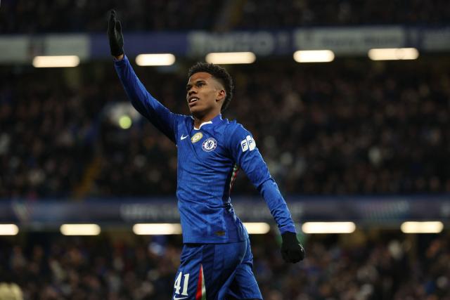 Chelsea's Brazilian midfielder #41 Estevao celebrates after scoring their second goal during the UEFA Champions League league-phase football match between Chelsea and Barcelona at Stamford Bridge in London on November 25, 2025. (Photo by Adrian Dennis / AFP)