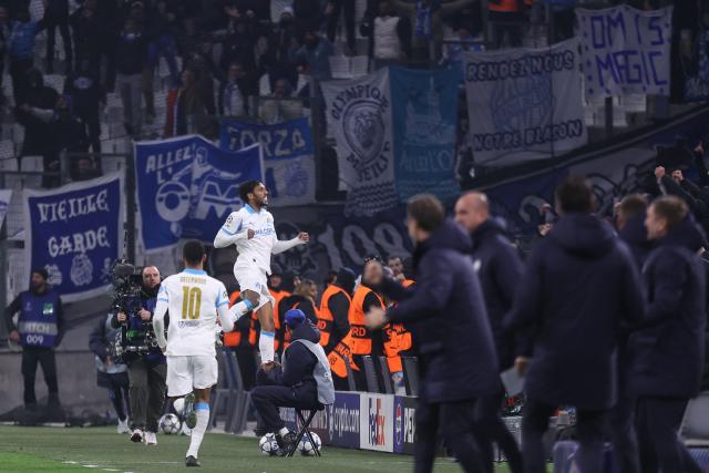 Marseille's Gabonese forward #97 Pierre-Emerick Aubameyang celebrates after scoring his team's first goal during the UEFA Champions League, league phase - matchday 5, football match between Olympique de Marseille (OM) and Newcastle United FC at the Velodrome Stadium in Marseille, southeastern France, on November 25, 2025. (Photo by Alex MARTIN / AFP)