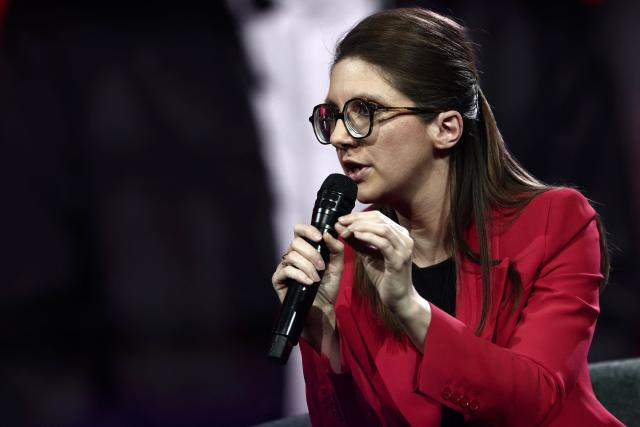 France's junior Minister in charge of equality Aurore Berge gestures as she speaks during "Face a vous - Les grands enjeux de demain" (Face to face with you - The major challenges of tomorrow) debate show hosted by French weekly newspaper Le Journal du Dimanche (JDD) at the Le Dome de Paris - Palais des Sports in Paris on November 25, 2025. (Photo by Thibaud MORITZ / AFP)
