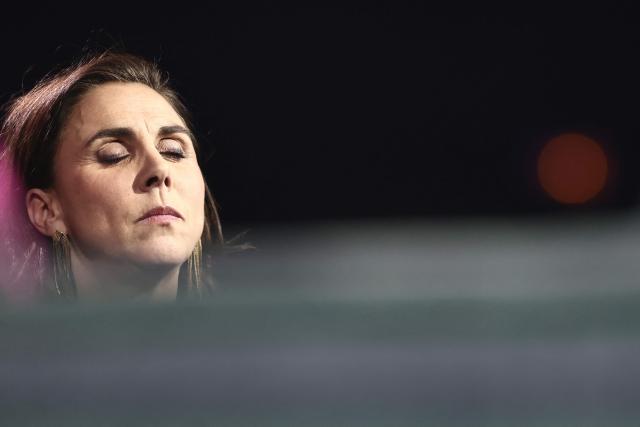 Rassemblement National's MP Laure Lavalette reacts during "Face a vous - Les grands enjeux de demain" (Face to face with you - The major challenges of tomorrow) debate show hosted by French weekly newspaper Le Journal du Dimanche (JDD) at the Le Dome de Paris - Palais des Sports in Paris on November 25, 2025. (Photo by Thibaud MORITZ / AFP)