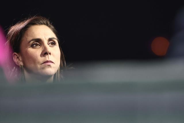 Rassemblement National's MP Laure Lavalette looks on during "Face a vous - Les grands enjeux de demain" (Face to face with you - The major challenges of tomorrow) debate show hosted by French weekly newspaper Le Journal du Dimanche (JDD) at the Le Dome de Paris - Palais des Sports in Paris on November 25, 2025. (Photo by Thibaud MORITZ / AFP)