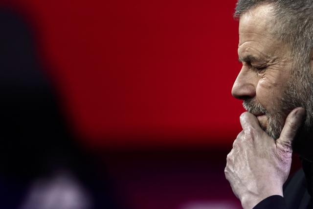French literary critic Eric Naulleau reacts during "Face a vous - Les grands enjeux de demain" (Face to face with you - The major challenges of tomorrow) debate show hosted by French weekly newspaper Le Journal du Dimanche (JDD) at the Le Dome de Paris - Palais des Sports in Paris on November 25, 2025. (Photo by Thibaud MORITZ / AFP)