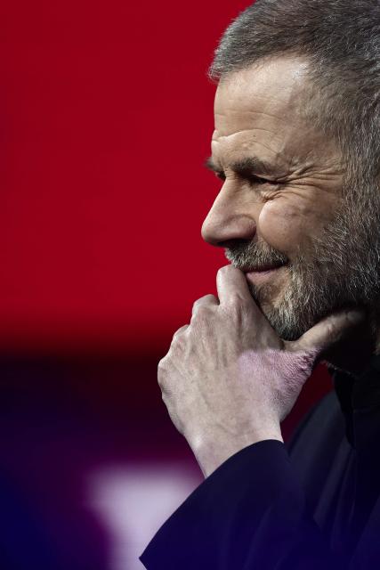 French literary critic Eric Naulleau reacts during "Face a vous - Les grands enjeux de demain" (Face to face with you - The major challenges of tomorrow) debate show hosted by French weekly newspaper Le Journal du Dimanche (JDD) at the Le Dome de Paris - Palais des Sports in Paris on November 25, 2025. (Photo by Thibaud MORITZ / AFP)