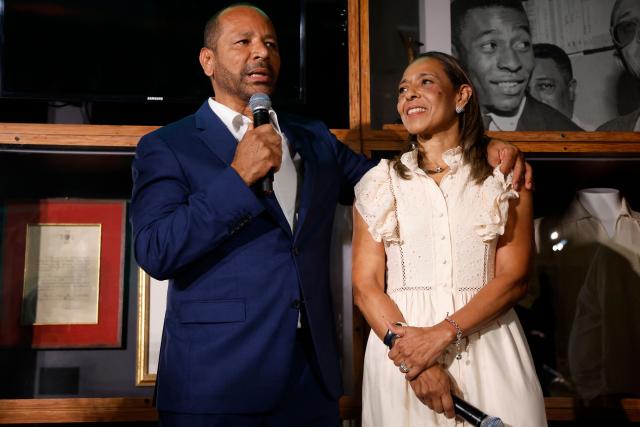 Neymar Santos SR, father of Brazilian forward Neymar Jr and owner of NR Sports, speaks to the media at the announcement of the acquisition of late Brazilian football legend Pele brand next to Pele's daughter Flavia Arantes do Nascimento at the Pele Museum, in Santos, Sao Paulo, Brazil on November 25, 2025. (Photo by Miguel Schincariol / AFP)