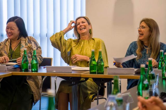 Queen Maxima of the Netherlands (C), in her capacity as the UN Secretary General's Special Advocate for Financial Health (UNSGSA), discusses aspects of financial inclusion with the UN Indonesia country team and development partners at the office for the United Nations in Indonesia, in Jakarta on November 26, 2025. (Photo by ADITYA IRAWAN / AFP)