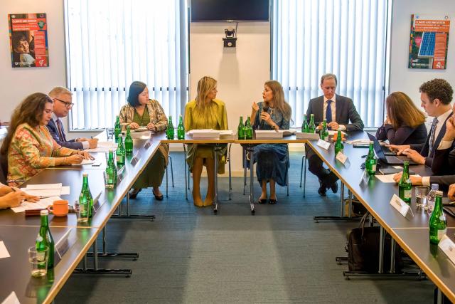 Queen Maxima of the Netherlands (C), in her capacity as the UN Secretary General's Special Advocate for Financial Health (UNSGSA), discusses aspects of financial inclusion with the UN Indonesia country team and development partners at the office for the United Nations in Indonesia, in Jakarta on November 26, 2025. (Photo by ADITYA IRAWAN / AFP)