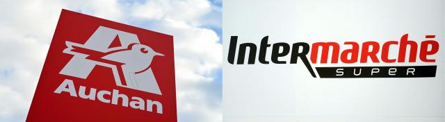 (FILES - COMBO) This combination of pictures created on November 30, 2023 shows the logo of French supermarket chain "Auchan" (L) in Perols, southwestern France, on January 14, 2020 and the logo of a supermarket Intermarche (R) in Pluguffan, western France, on April 19, 2015. After several years of difficulties, French retailer Auchan announced on on November 25, 2025 that it plans to operate all of its approximately 300 French supermarkets (excluding Corsica) as franchises under the Intermarche and Netto banners. (Photo by Pascal GUYOT and Fred TANNEAU / AFP)