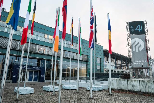 An exterior view of the Congress Centrum in Bremen, northern Germany, on November 26, 2025. Ministers from the 23 member states of the European Space Agency (ESA)are meeting in the Hanseatic city for two days to discuss the strategic direction of European spaceflight. (Photo by FOCKE STRANGMANN / AFP)