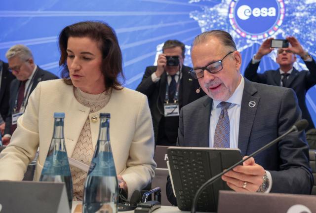 German Minister for Research, Technology and Aerospace Dorothee Baer and ERSA General Director Josef Aschbacher chair the European Space Agency (ESA) ministerial meeting at the Congress Centrum in Bremen, northern Germany, on November 26, 2025. Ministers from the 23 member states of the European Space Agency (ESA) meet in the Hanseatic city for two days to discuss the strategic direction of European spaceflight. (Photo by FOCKE STRANGMANN / AFP)