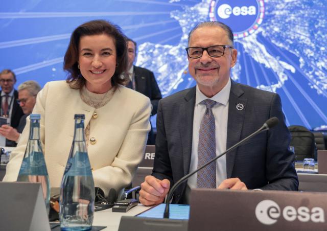 German Minister for Research, Technology and Aerospace Dorothee Baer and ERSA General Director Josef Aschbacher chair the European Space Agency (ESA) ministerial meeting at the Congress Centrum in Bremen, northern Germany, on November 26, 2025. Ministers from the 23 member states of the European Space Agency (ESA) meet in the Hanseatic city for two days to discuss the strategic direction of European spaceflight. (Photo by FOCKE STRANGMANN / AFP)