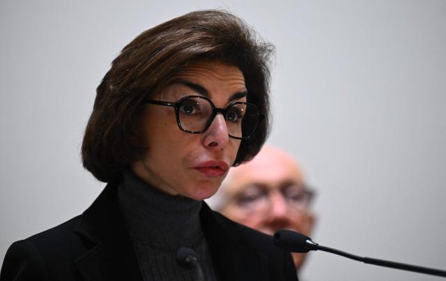 France's Culture Minister Rachida Dati delivers a speech during the inauguration of the Bonnat-Helleu Museum following 14 years of renovations in Bayonne, southwestern France, on November 26, 2025. (Photo by Gaizka IROZ / AFP)