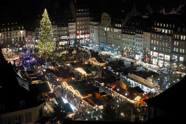This photograph shows an overview of the Christmas market at the place Kleber in Strasbourg, eastern France, on November 26, 2025. (Photo by ROMEO BOETZLE / AFP)