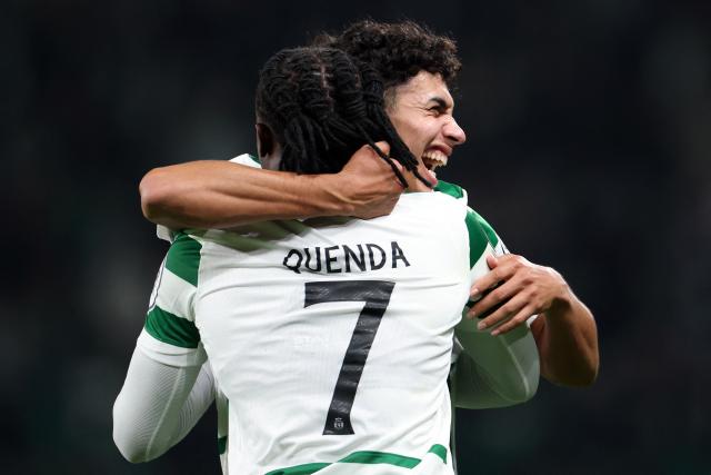 Sporting Lisbon's Portuguese midfielder #07 Geovany Quenda celebrates with Sporting Lisbon's Portuguese midfielder #52 Joao Simoes after scoring the opening goal during the UEFA Champions League, league phase day 5 football match between Sporting CP and Club Brugge at Jose Alvalade stadium in Lisbon on November 26, 2025. (Photo by PATRICIA DE MELO MOREIRA / AFP)