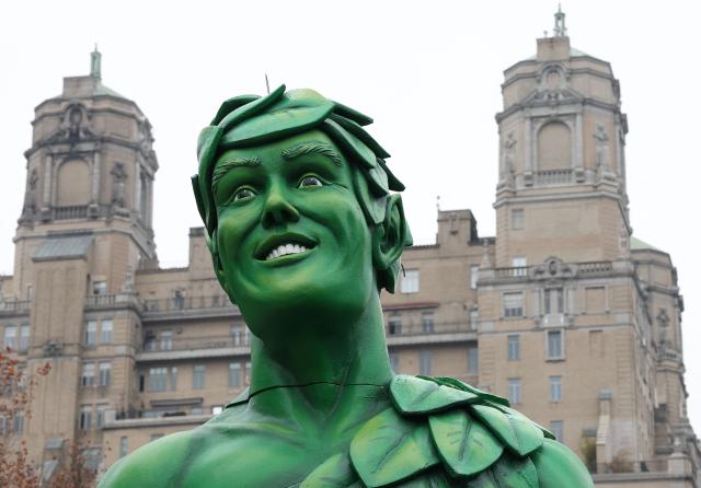 The Harvest in the Valley Green Giant float is seen during the inflation of Macy’s Thanksgiving Day Parade balloons on the Upper West Side of Manhattan, outside the American Museum of Natural History, on the eve of the parade in New York City, on November 26, 2025. The annual Macy's Thanksgiving Day Parade in New York City started in 1924. (Photo by TIMOTHY A. CLARY / AFP)