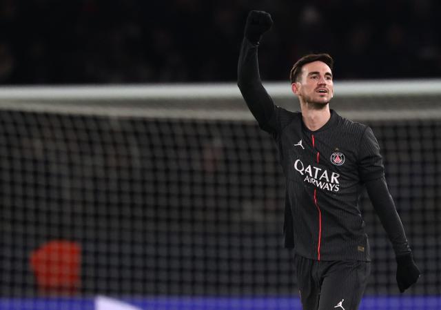 Paris Saint-Germain's Spanish midfielder #08 Fabian Ruiz celebrates after scoring Paris Saint-Germain's third goal during the UEFA Champions League, league phase - matchday 5, football match between Paris Saint-Germain (PSG) and Tottenham Hotspur FC at the Parc des Princes stadium in Paris on November 26, 2025. (Photo by FRANCK FIFE / AFP)