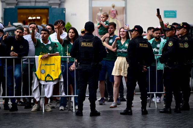 Fans of Palmeiras cheer as they wait for the arrival of their team at a hotel in Lima on November 26, 2025, ahead of the Copa Libertadores final football match between Brazil's Palmeiras and Brazil's Flamengo in the Peruvian capital on November 29. (Photo by ERNESTO BENAVIDES / AFP)