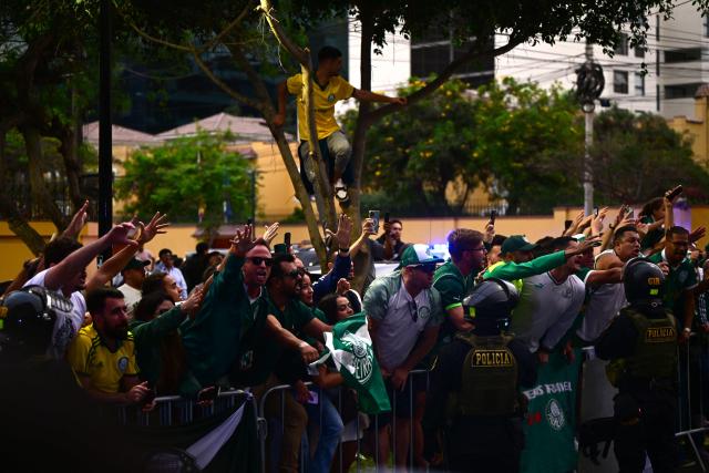 Fans of Palmeiras wait for the arrival of their team at a hotel in Lima on November 26, 2025, ahead of the Copa Libertadores final football match between Brazil's Palmeiras and Brazil's Flamengo in the Peruvian capital on November 29. (Photo by Ernesto BENAVIDES / AFP)