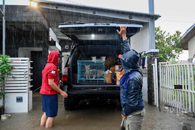 People evacuate their cats amid floods caused by heavy rain at a residential area of Darul Imarah on the outskirts of Banda Aceh on November 27, 2025. (Photo by CHAIDEER MAHYUDDIN / AFP)
