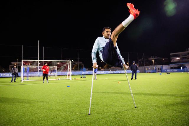Ali Katasse of the Olympic de Marseille (OM) "Football for amputee" team takes part in a training session at the "OM Campus" in Marseille, southeastern France, on November 22, 2025. Accidents or illness may have taken a leg or a hand from them, but not their desire or joy to play football at a high level: on the weekend of November 29, 2025, OM's amputee team begins the French championship at home, dreaming of the Champions League. (Photo by CLEMENT MAHOUDEAU / AFP)