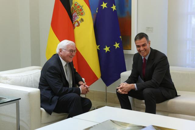 Spain's Prime Minister Pedro Sanchez (R) and Germany's President Frank-Walter Steinmeier hold a meeting at La Moncloa palace on the second day of his visit to Spain, in Madrid on November 27, 2025. (Photo by Pierre-Philippe MARCOU / AFP)