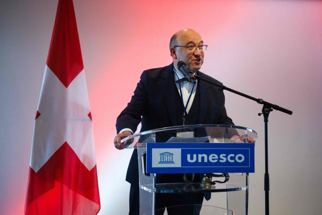 Beat Tinner, President of the Government of the Canton of St-Gallen speaks during the presentation of the Yodel at the UNESCO headquarters in Paris on November 27, 2025. (Photo by Dimitar DILKOFF / AFP)