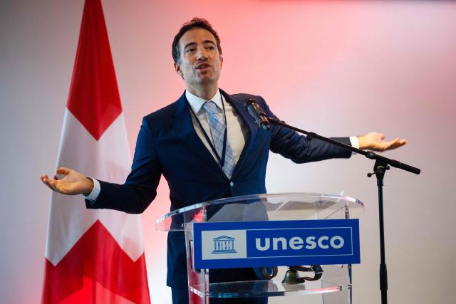 Andrea Caroni, President of the Council of States of the Swiss Confederation speaks during the presentation of the Yodel at the UNESCO headquarters in Paris on November 27, 2025. (Photo by Dimitar DILKOFF / AFP)