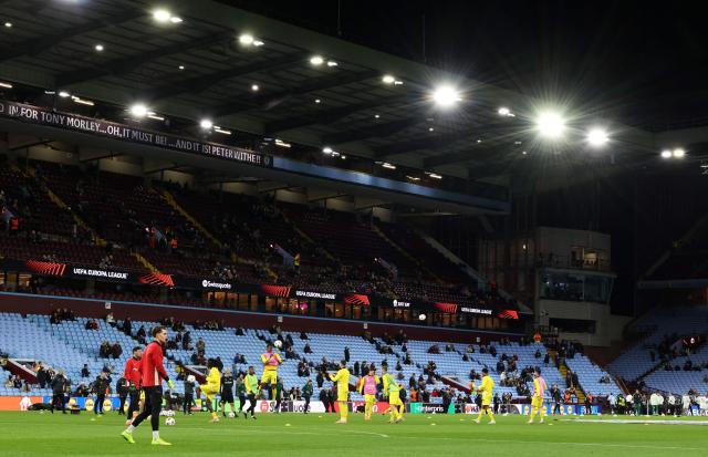 Young Boys players warm up ahead of the UEFA Europa League league-stage football match between Aston Villa and Young Boys at Villa Park in Birmingham on November 27, 2025. (Photo by Darren Staples / AFP)