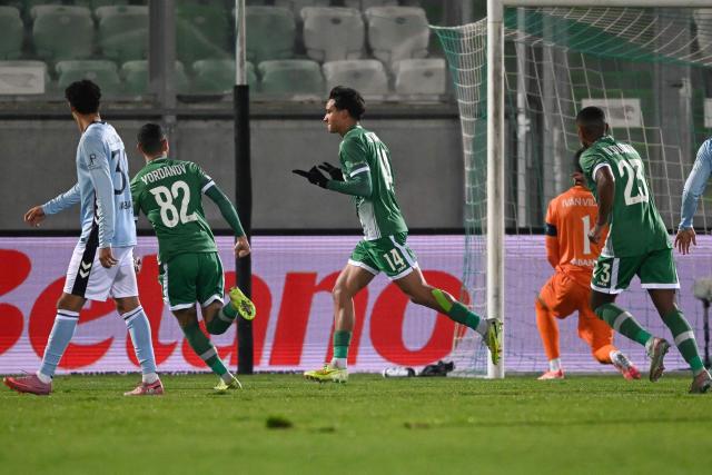Ludogorets Razgrad's Serbian midfielder #14 Petar Stanic celebrates after scoring a goal during the UEFA Europa League football match between Ludogorets Razgrad and RC Celta de Vigo in Razgrad on November 27, 2025. (Photo by Nikolay DOYCHINOV / AFP)