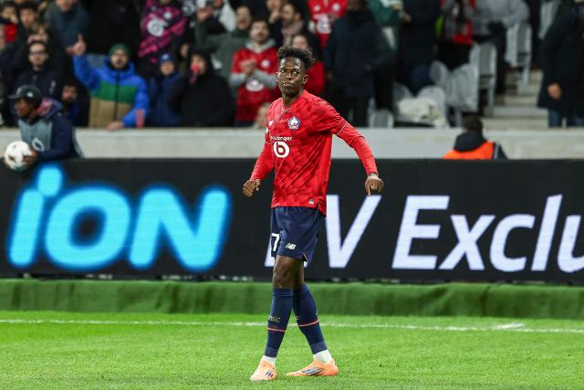 Lille's Portuguese forward #27 Felix Correia celebrates scoring his team's first goal during the UEFA Europa League football match between Lille (LOSC) and GNK Dinamo Zagreb at the Pierre-Mauroy Stadium in Villeneuve-d'Ascq, northern France, on November 27, 2025. (Photo by Sameer Al-DOUMY / AFP)