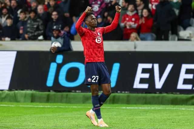 Lille's Portuguese forward #27 Felix Correia celebrates scoring his team's first goal during the UEFA Europa League football match between Lille (LOSC) and GNK Dinamo Zagreb at the Pierre-Mauroy Stadium in Villeneuve-d'Ascq, northern France, on November 27, 2025. (Photo by Sameer Al-DOUMY / AFP)