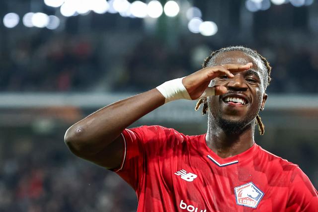 Lille's Congolese midfielder #17 Ngal'ayel Mukau celebrates scoring his team's second goal during the UEFA Europa League football match between Lille (LOSC) and GNK Dinamo Zagreb at the Pierre-Mauroy Stadium in Villeneuve-d'Ascq, northern France, on November 27, 2025. (Photo by Sameer Al-DOUMY / AFP)