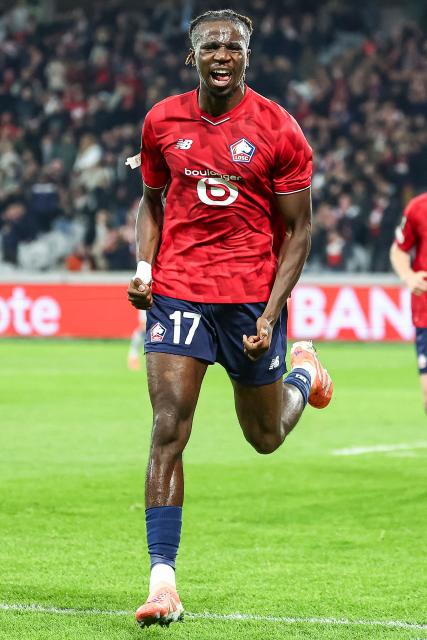 Lille's Congolese midfielder #17 Ngal'ayel Mukau celebrates scoring his team's second goal during the UEFA Europa League football match between Lille (LOSC) and GNK Dinamo Zagreb at the Pierre-Mauroy Stadium in Villeneuve-d'Ascq, northern France, on November 27, 2025. (Photo by Sameer Al-DOUMY / AFP)