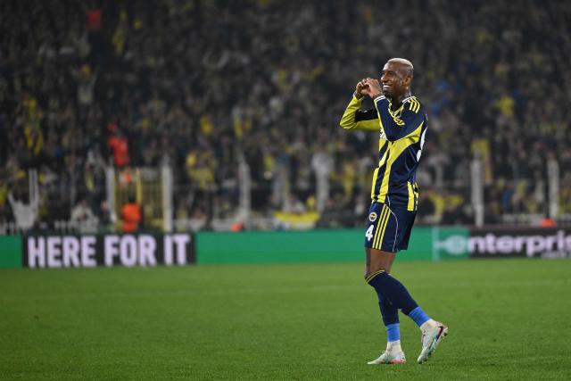 Fenerbahce's Brazilian Midfielder #94 Talisca celebrates after scoring a goal during the UEFA Europa League 5 round day football match between Ferencvarosi TC and Fenerbahce at the Chobani Stadium in Istanbul, on November 27, 2025. (Photo by Yasin AKGUL / AFP)