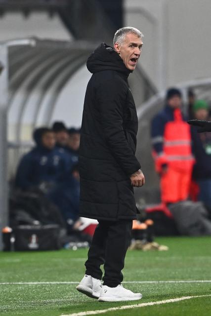Viktoria Plzen's Czech head coach Martin Hysky reacts during the UEFA Europa League football match between FC Viktoria Plzen and SC Freiburg in Plzen, Czech Republic on November 27, 2025. (Photo by Michal Cizek / AFP)