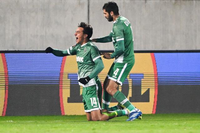 Ludogorets Razgrad's Serbian midfielder #14 Petar Stanic (L) celebrates after scoring his team's second goal during the UEFA Europa League football match between PFC Ludogorets Razgrad and RC Celta de Vigo at the Ludogorets Arena in Razgrad on November 27, 2025. (Photo by Nikolay DOYCHINOV / AFP)