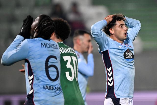 Celta Vigo's Spanish forward #18 Pablo Duran (R) reacts during the UEFA Europa League football match between PFC Ludogorets Razgrad and RC Celta de Vigo at the Ludogorets Arena in Razgrad on November 27, 2025. (Photo by Nikolay DOYCHINOV / AFP)