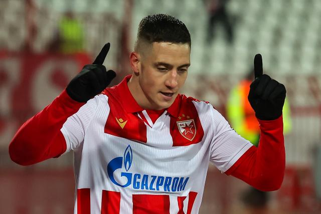 Crvena Zvezda's Brazilian forward #17 Bruno Duarte celebrates after scoring a goal during the UEFA Europa League football match between FK Crvena zvezda and Fotbal Club FCSB at the Rajko Mitic Stadium in Belgrade on November 27, 2025. (Photo by Pedja MILOSAVLJEVIC / AFP)