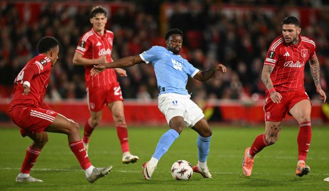 Malmo FF's Swedish forward #11 Emmanuel Ekong reacts during the UEFA Europa League league-stage football match between Nottingham Forest and FF Malmo at The City Ground in Nottingham, central England, on November 27, 2025. (Photo by Oli SCARFF / AFP)