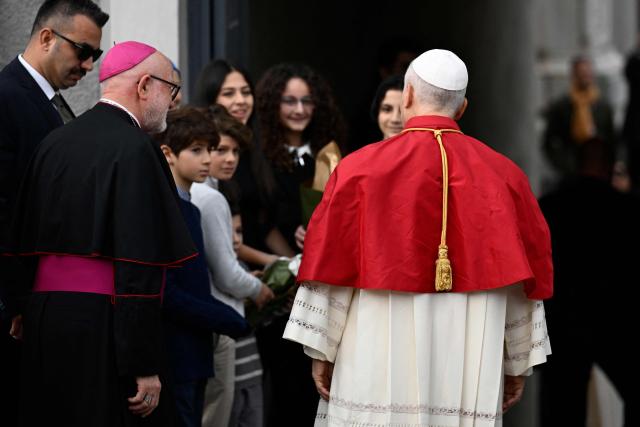Pope Leo XIV arrives at the Cathedral of the Holy Spirit (St Esprit cathedral) for a meeting with bishops, priests, deacons, consecrated men and women, and pastoral workers , in Istanbul on November 28, 2025. (Photo by YASIN AKGUL / AFP)