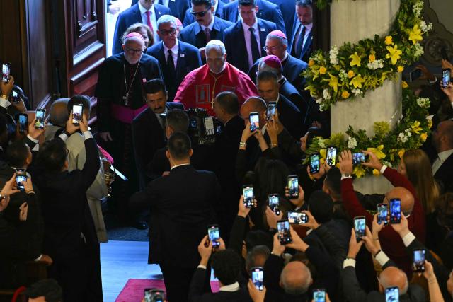 Pope Leo XIV arrives at the Cathedral of the Holy Spirit (St Esprit cathedral) for a meeting with bishops, priests, deacons, consecrated men and women, and pastoral workers , in Istanbul on November 28, 2025. (Photo by Andreas SOLARO / AFP)