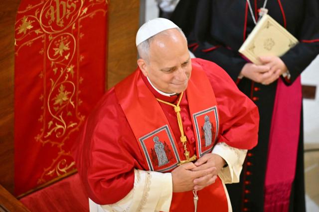 Pope Leo XIV attends a meeting with bishops, priests, deacons, consecrated men and women, and pastoral workers at the Cathedral of the Holy Spirit (St Esprit cathedral) for, in Istanbul on November 28, 2025. (Photo by Andreas SOLARO / AFP)